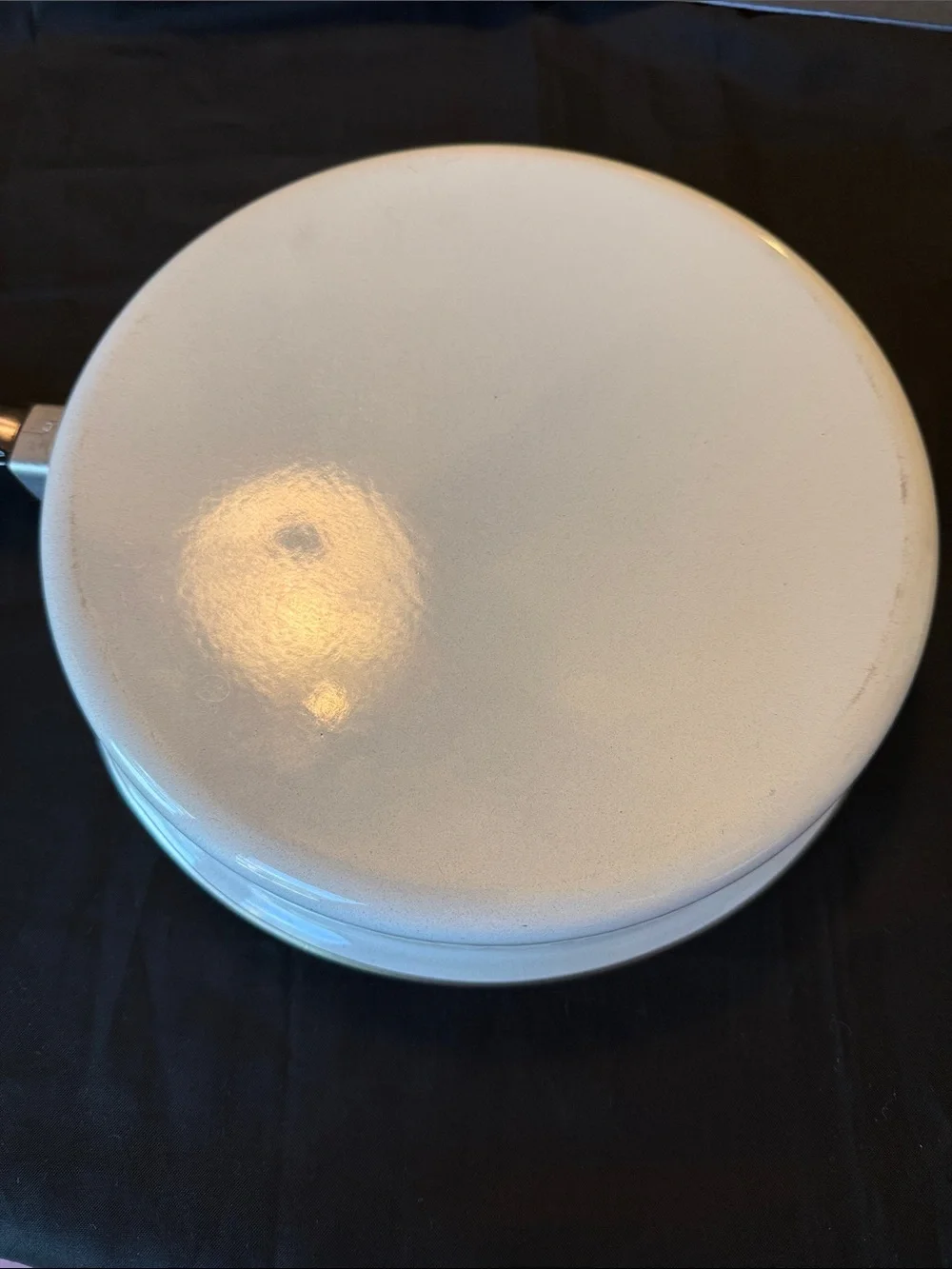 1970s enamelware skillet  featuring a retro “Spice of Life” motif.